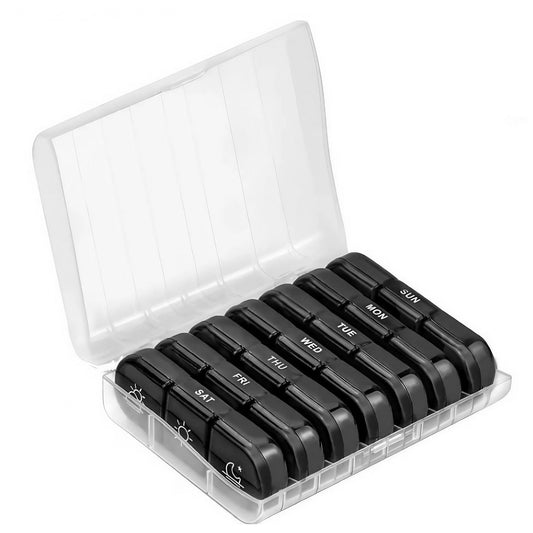 Organizator Medicamente 7 Zile, Cutie Depozitare Pilule cu 21 Compartimente Detasabile, Planificator Dimineata Pranz Seara, Plastic Fara BPA, Negru si Transparent, 15.6x12 cm