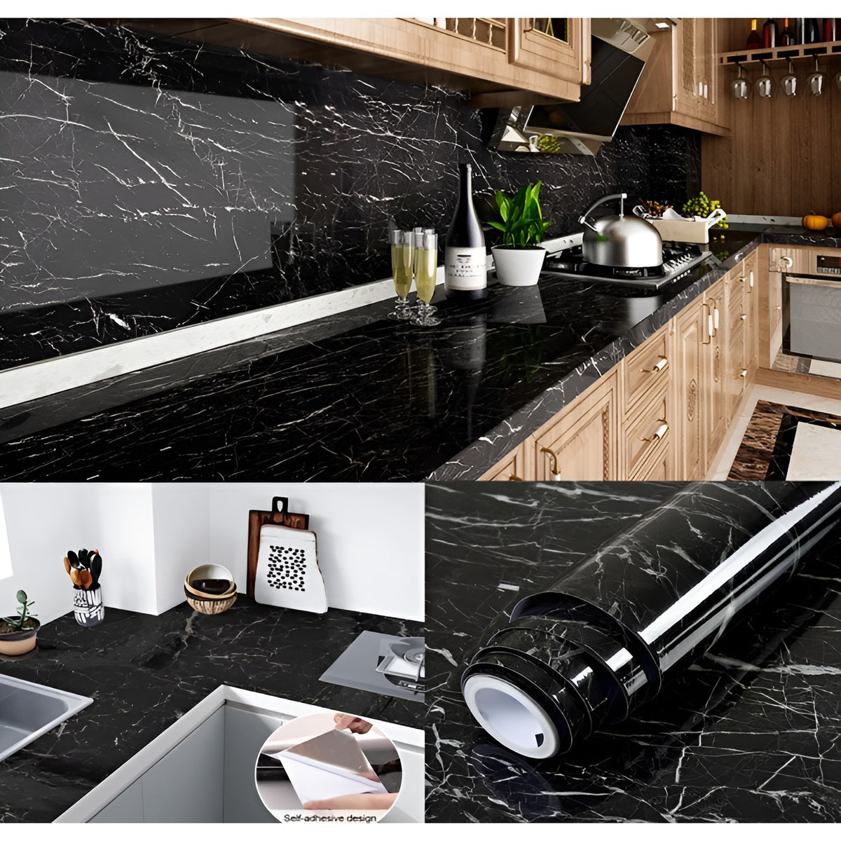 Tapet Autocolant pentru Bucatarie si Mobilier, Folie Autoadeziva cu Efect de Marmura, Rezistenta la Apa, Rola PVC, 40 cm x 100 cm, Negru