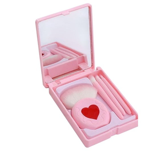 Set 4 Mini Pensule Machiaj Portabile, Carcasa cu Oglinda, Peri Sintetici Moi, Roz, 12x7x2.5 cm