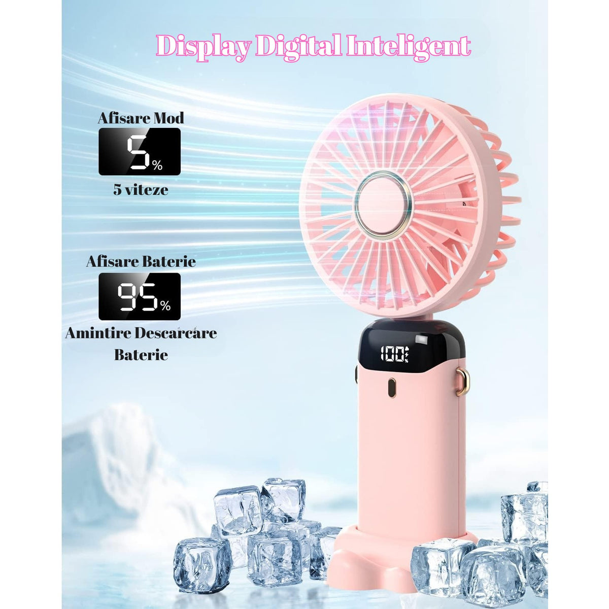 Ventilator Portabil 3 in 1 cu Aromaterapie, Ecran LCD si 5 Trepte de Viteza, Incarcare USB Tip C, Acumulator Autonomie 12h, Design Pliabil pentru Mana, Birou sau Gat, Roz