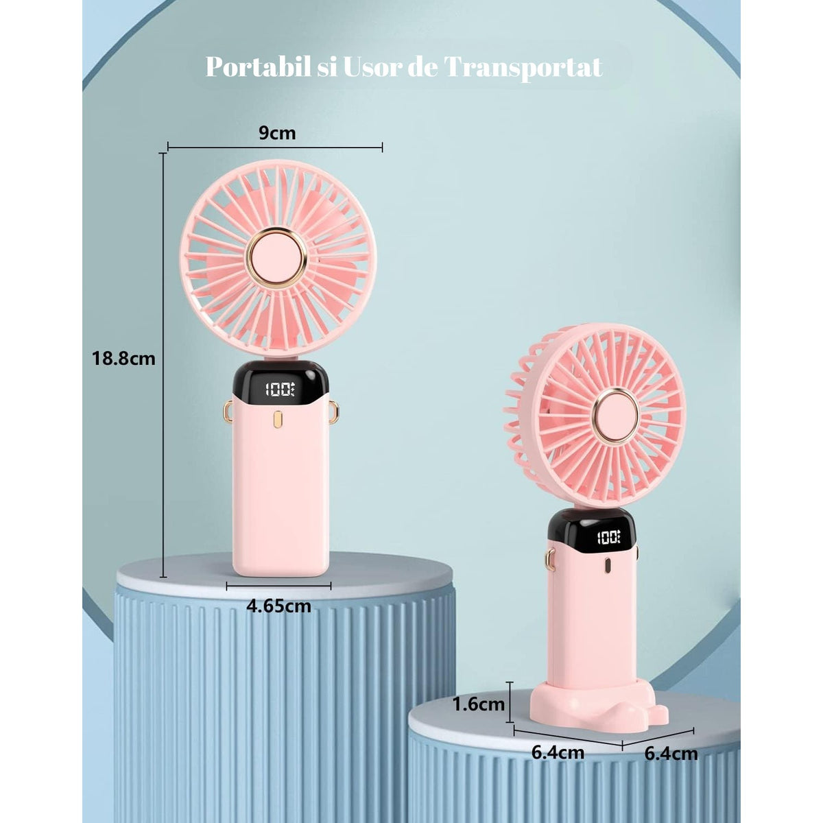 Ventilator Portabil 3 in 1 cu Aromaterapie, Ecran LCD si 5 Trepte de Viteza, Incarcare USB Tip C, Acumulator Autonomie 12h, Design Pliabil pentru Mana, Birou sau Gat, Roz