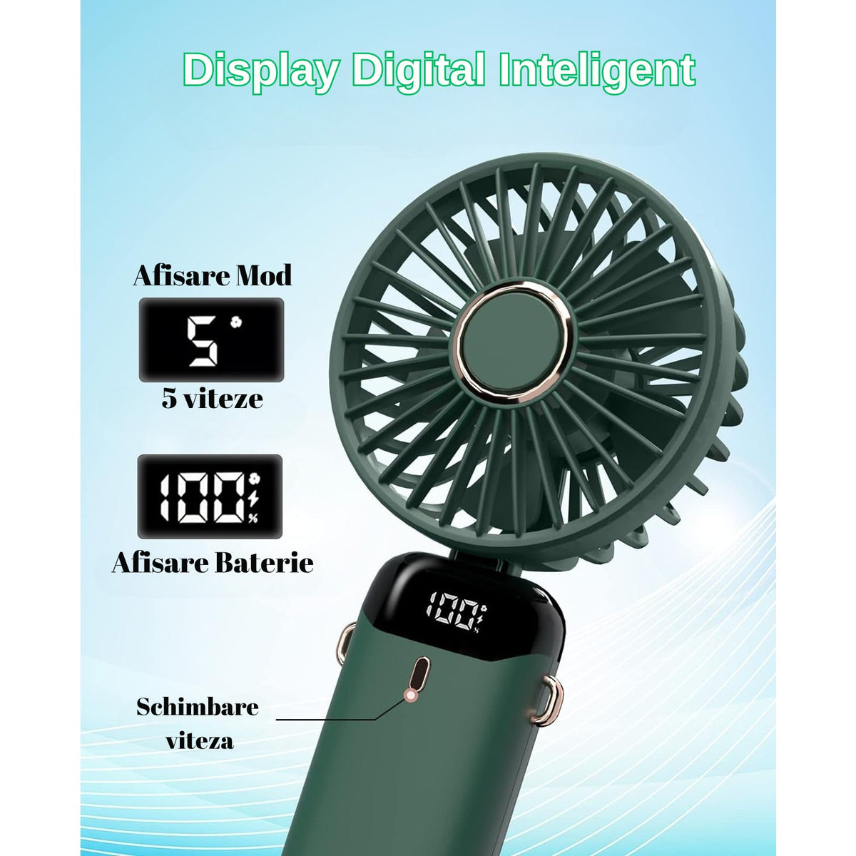 Ventilator Portabil 3 in 1 cu Aromaterapie, de Mana, Birou si Gat, 5 Trepte de Viteza, Pliabil cu Ecran LCD si Incarcare USB Tip C, Autonomie 12h, Verde