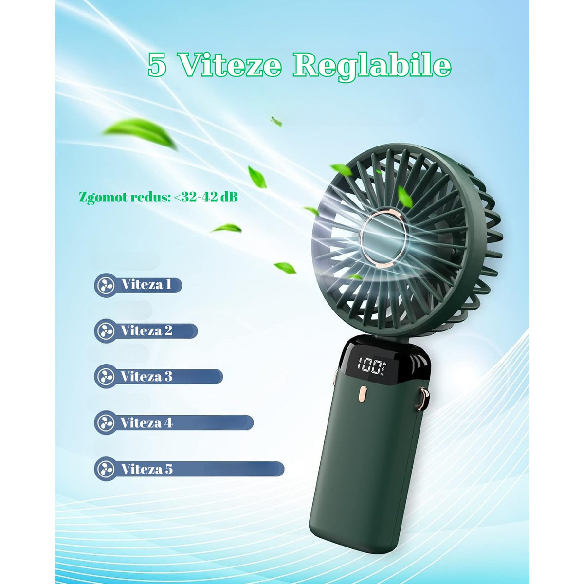 Ventilator Portabil 3 in 1 cu Aromaterapie, de Mana, Birou si Gat, 5 Trepte de Viteza, Pliabil cu Ecran LCD si Incarcare USB Tip C, Autonomie 12h, Verde