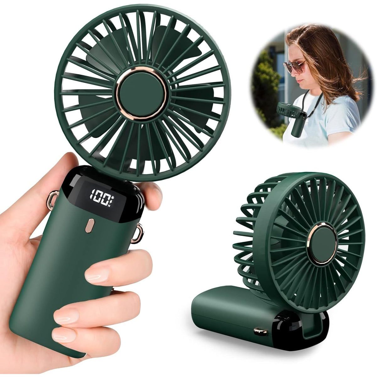 Ventilator Portabil 3 in 1 cu Aromaterapie, de Mana, Birou si Gat, 5 Trepte de Viteza, Pliabil cu Ecran LCD si Incarcare USB Tip C, Autonomie 12h, Verde