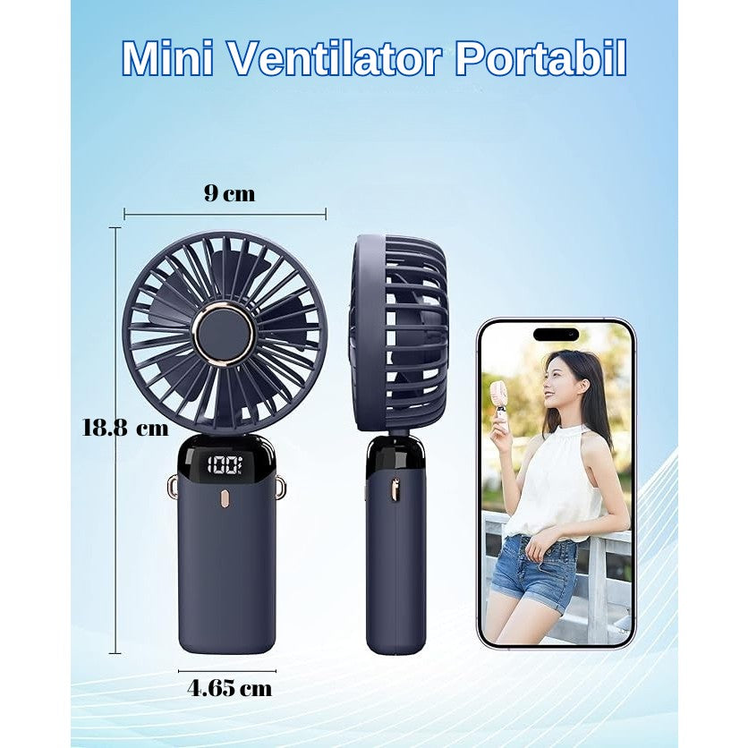 Ventilator Portabil 3 in 1 cu Aromaterapie, Ecran LCD, 5 Trepte de Viteza, Pliabil pentru Mana, Birou sau Gat, Incarcare USB, Autonomie 12h, Albastru