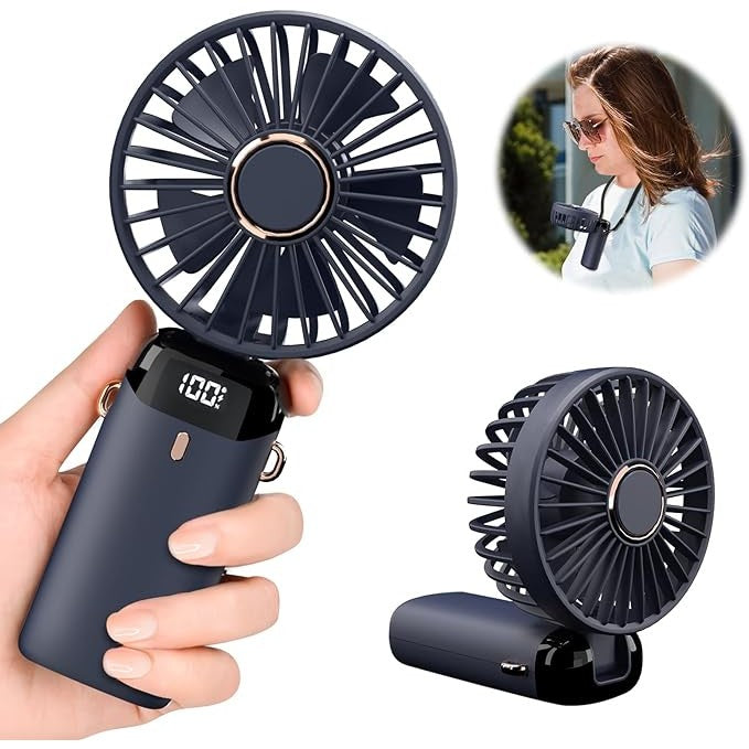 Ventilator Portabil 3 in 1 cu Aromaterapie, Ecran LCD, 5 Trepte de Viteza, Pliabil pentru Mana, Birou sau Gat, Incarcare USB, Autonomie 12h, Albastru