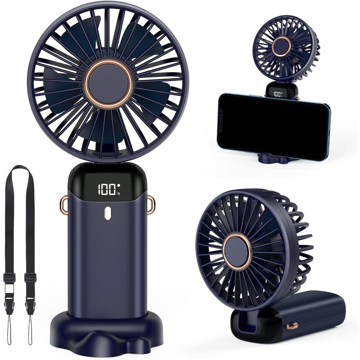 Ventilator Portabil 3 in 1 cu Aromaterapie, Ecran LCD, 5 Trepte de Viteza, Pliabil pentru Mana, Birou sau Gat, Incarcare USB, Autonomie 12h, Albastru