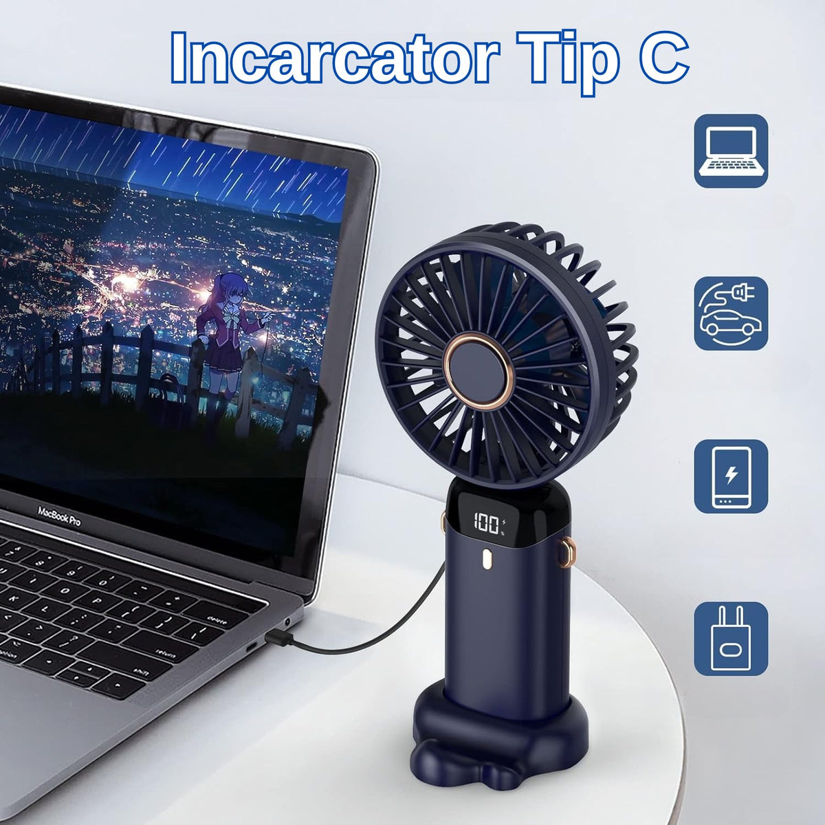 Ventilator Portabil 3 in 1 cu Aromaterapie, Ecran LCD, 5 Trepte de Viteza, Pliabil pentru Mana, Birou sau Gat, Incarcare USB, Autonomie 12h, Albastru