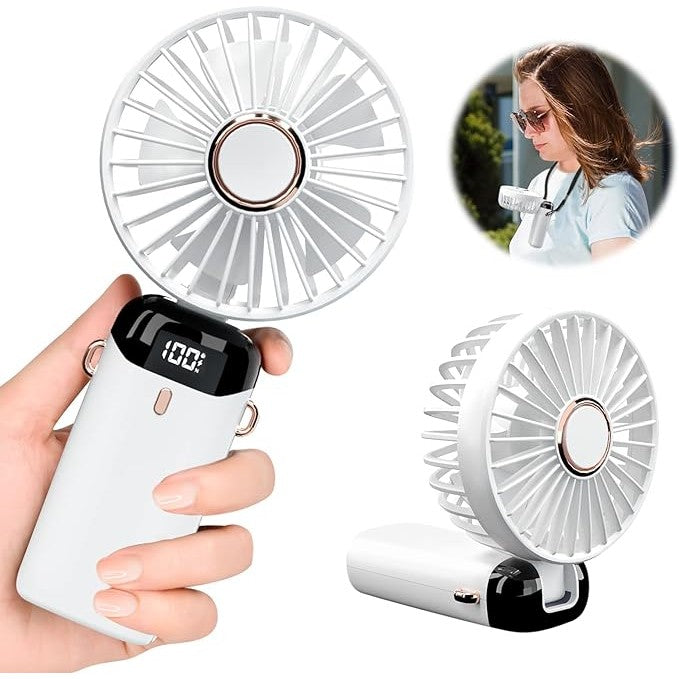Ventilator Portabil 3 in 1 cu Aromaterapie, Ecran LCD si 5 Trepte de Viteza, Incarcare USB Tip C, Acumulator 12h, Design Pliabil pentru Mana, Birou sau Gat, Alb