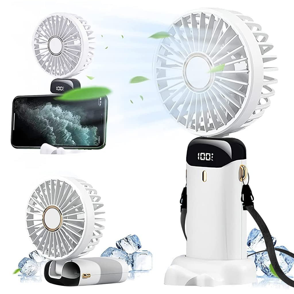 Ventilator Portabil 3 in 1 cu Aromaterapie, Ecran LCD si 5 Trepte de Viteza, Incarcare USB Tip C, Acumulator 12h, Design Pliabil pentru Mana, Birou sau Gat, Alb