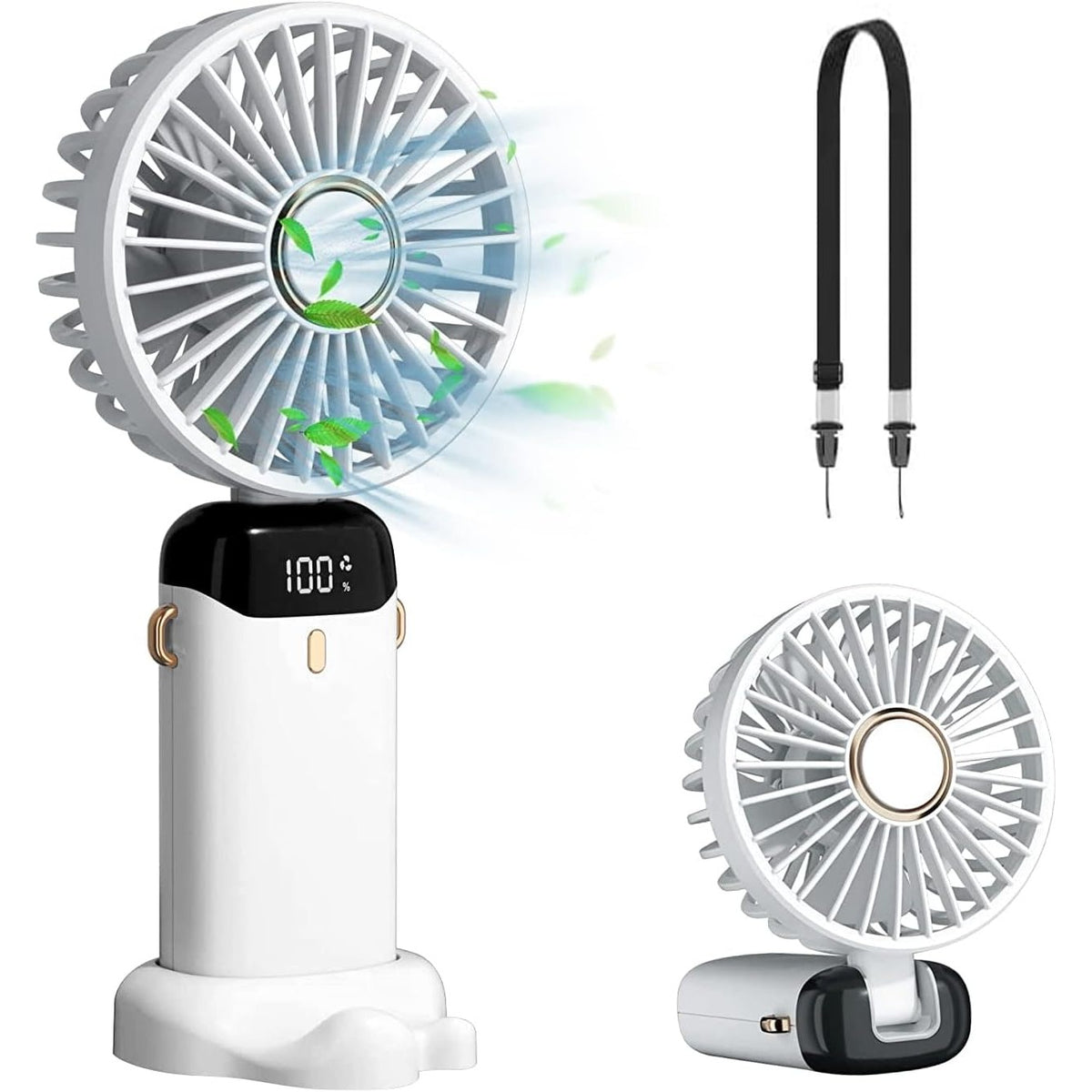 Ventilator Portabil 3 in 1 cu Aromaterapie, Ecran LCD si 5 Trepte de Viteza, Incarcare USB Tip C, Acumulator 12h, Design Pliabil pentru Mana, Birou sau Gat, Alb