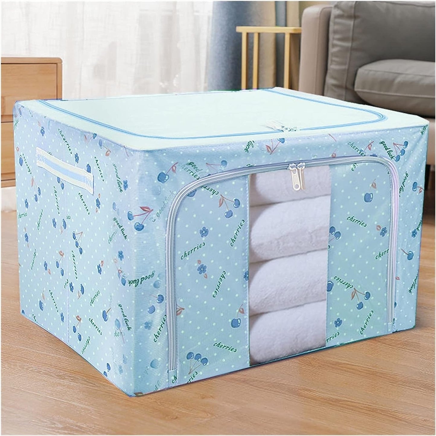 Cutie Depozitare Pliabilă cu Fermoar, Capacitate 66 L, Material Textil Oxford Impermeabil, 50x40x33 cm, Cadru Metalic Stivuibil, 2 Ferestre, Albastru cu Imprimeu Cireșe