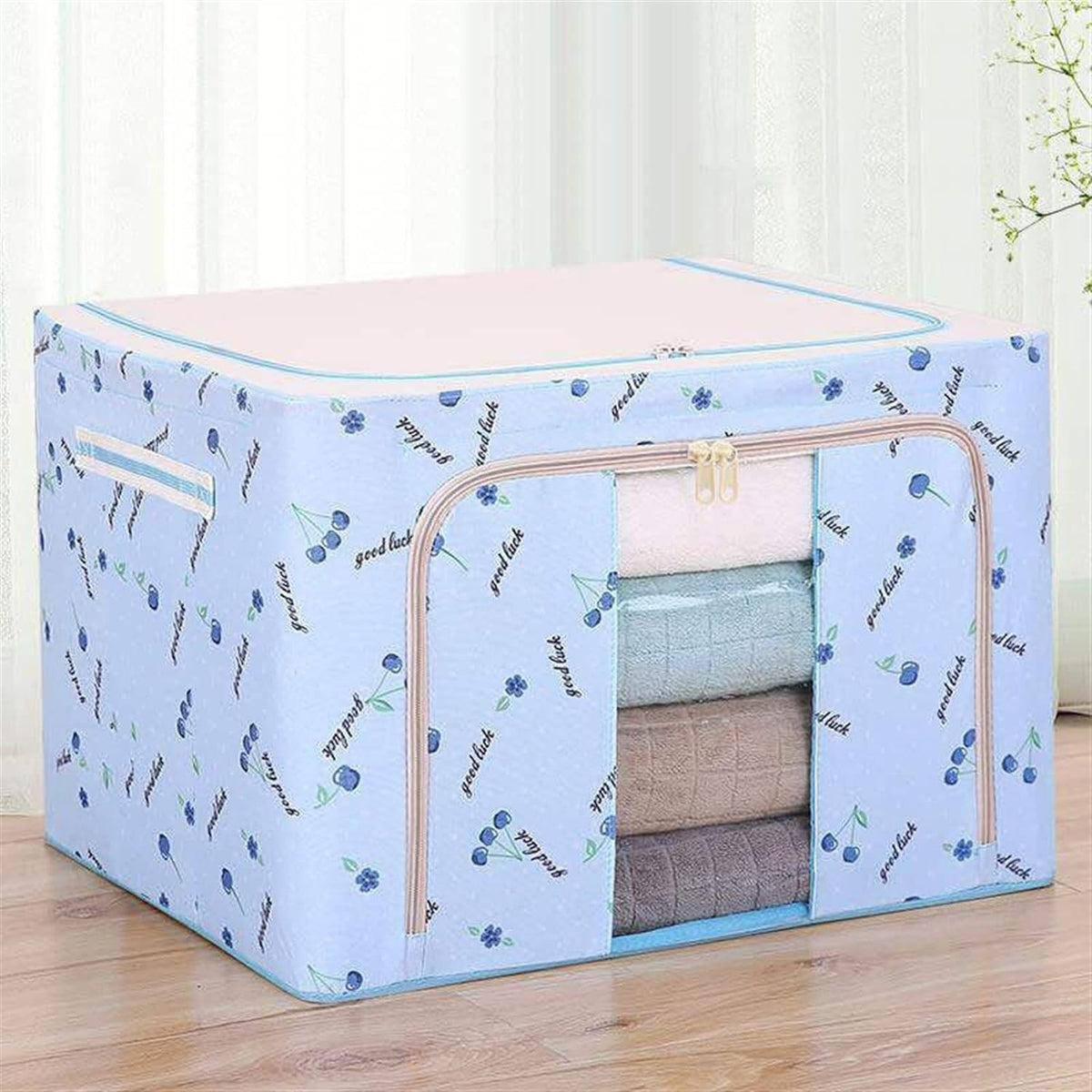Cutie Depozitare Pliabilă cu Fermoar, Capacitate 66 L, Material Textil Oxford Impermeabil, 50x40x33 cm, Cadru Metalic Stivuibil, 2 Ferestre, Albastru cu Imprimeu Cireșe