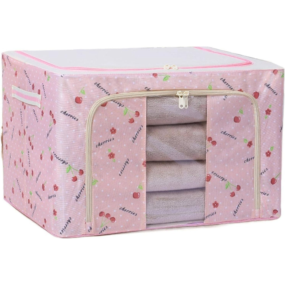 Cutie Depozitare Pliabila pentru Haine si Lenjerie, Cadru Metalic Stivuibil, Fereastra Transparenta si Fermoar Dublu, Material Oxford Impermeabil, 66 L, 50x40x33 cm, Roz cu Cirese