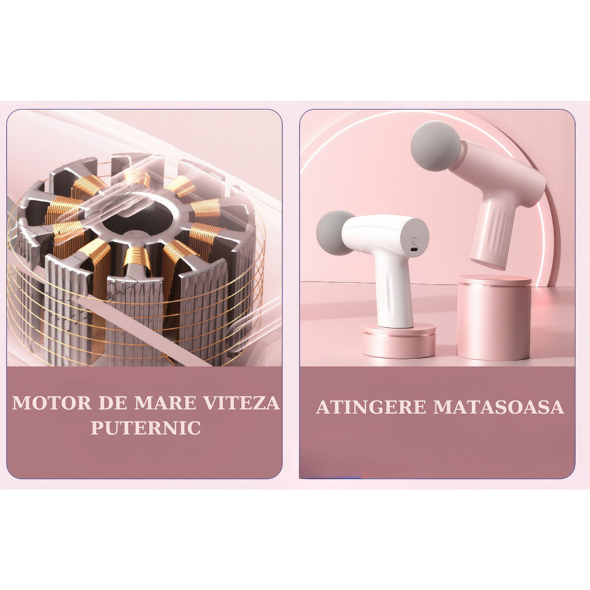 Mini Aparat de Masaj Tip Pistol, Dispozitiv Portabil pentru Relaxare Musculara, 3 Trepte de Viteza, Incarcare USB Tip C, Autonomie 120 Min, Roz