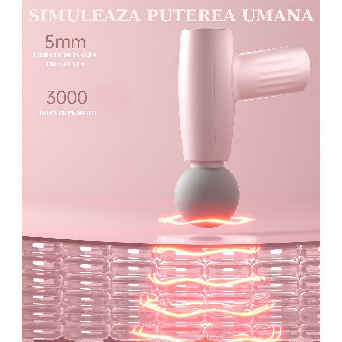 Mini Aparat de Masaj Tip Pistol, Dispozitiv Portabil pentru Relaxare Musculara, 3 Trepte de Viteza, Incarcare USB Tip C, Autonomie 120 Min, Roz