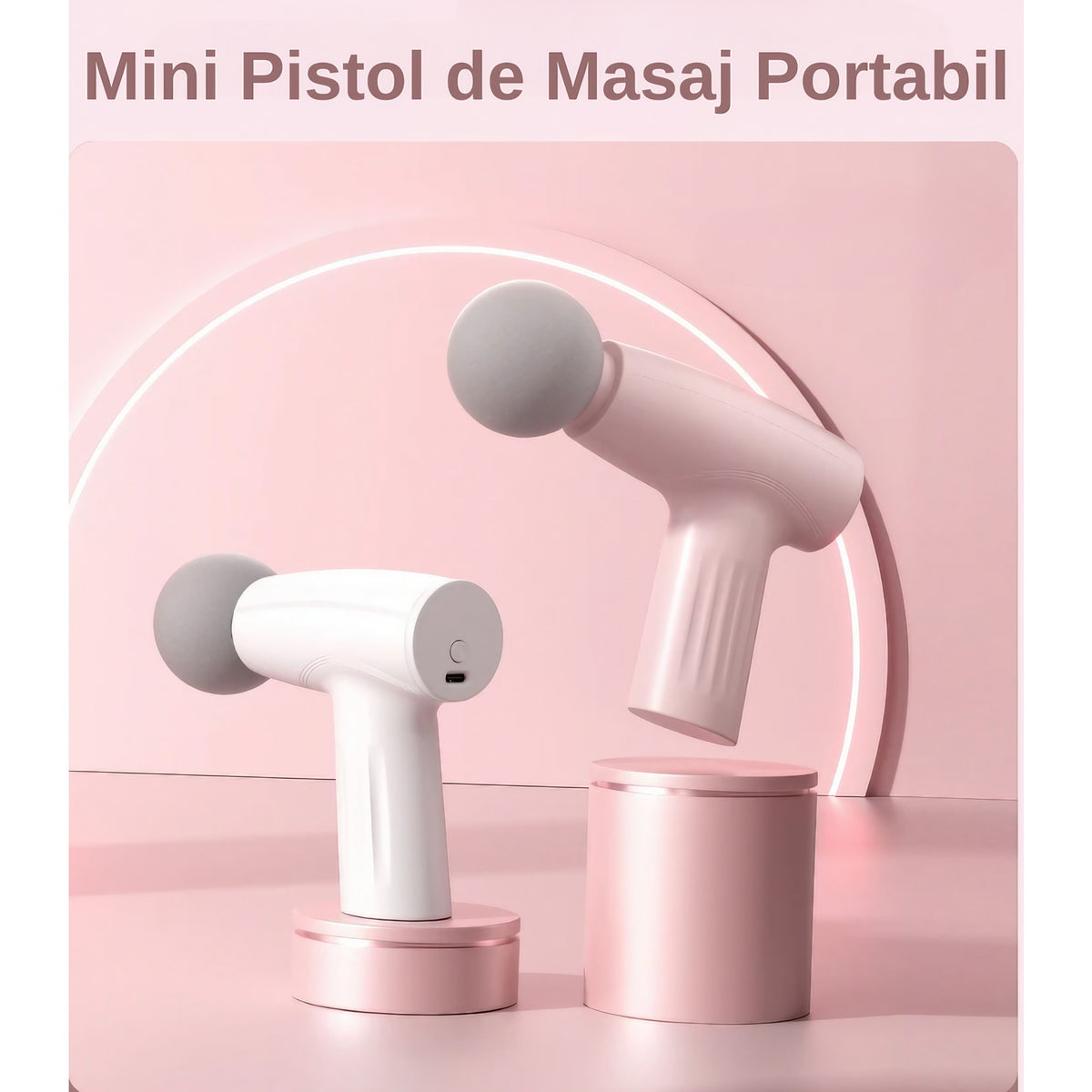 Mini Aparat de Masaj Tip Pistol, Dispozitiv Portabil pentru Relaxare Musculara, 3 Trepte de Viteza, Incarcare USB Tip C, Autonomie 120 Min, Roz