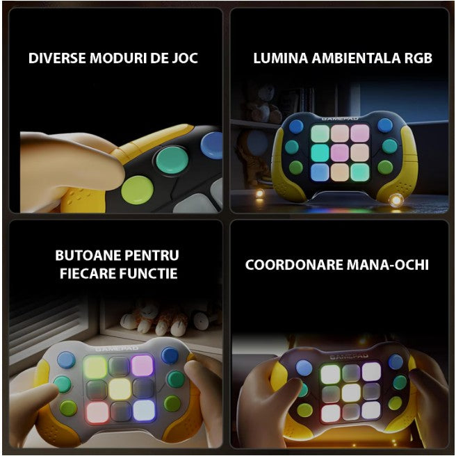 Consola Interactiva Pop It, Jucarie Educativa cu 5 Moduri de Joc si 600 Niveluri, 6 Butoane Functionale, Efecte Sonore si Lumini RGB, Material ABS, Galben/Negru, +3 Ani