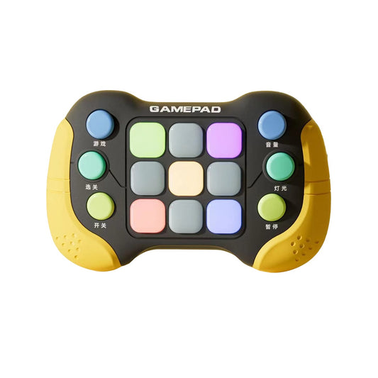 Consola Interactiva Pop It, Jucarie Educativa cu 5 Moduri de Joc si 600 Niveluri, 6 Butoane Functionale, Efecte Sonore si Lumini RGB, Material ABS, Galben/Negru, +3 Ani