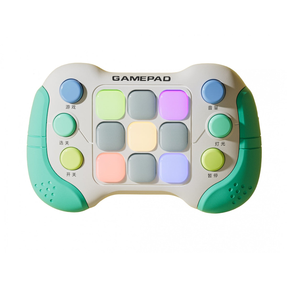 Jucarie Interactiva Tip Consola Pop It, 5 Moduri de Joc si 600 Niveluri, Joc Educativ cu Lumini RGB si Muzica, Plastic ABS fara BPA, +3 Ani, Verde/Gri