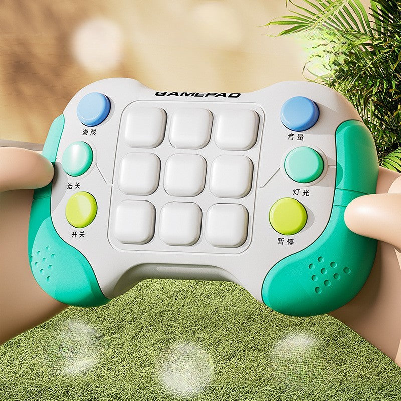 Jucarie Interactiva Tip Consola Pop It, 5 Moduri de Joc si 600 Niveluri, Joc Educativ cu Lumini RGB si Muzica, Plastic ABS fara BPA, +3 Ani, Verde/Gri
