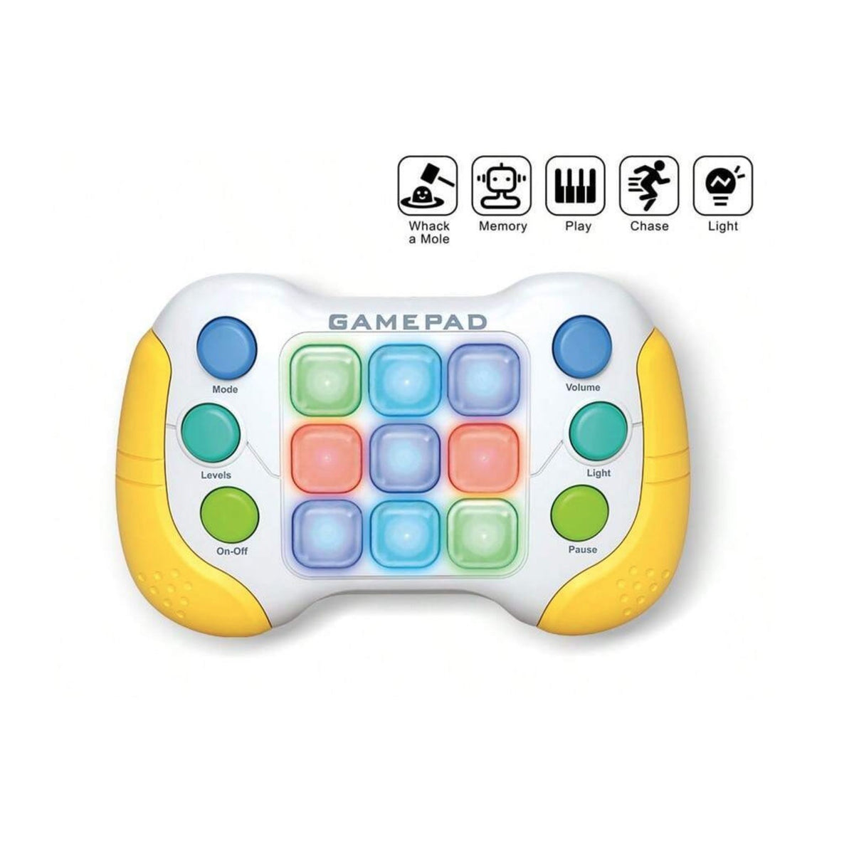 Jucarie Interactiva Tip Consola Pop It, 600 Niveluri si 5 Moduri de Joc, Lumini RGB si Sunete, ABS Fara BPA, Galben/Gri