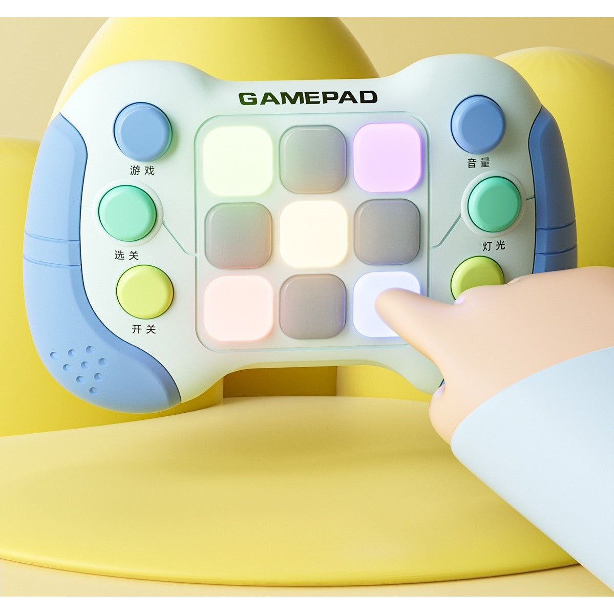 Jucarie Interactiva, Consola Tip Pop It Educativa, 5 Moduri de Joc si 600 Niveluri, 6 Butoane Functionale, Efecte Sonore si Lumini RGB, ABS, Albastru/Gri