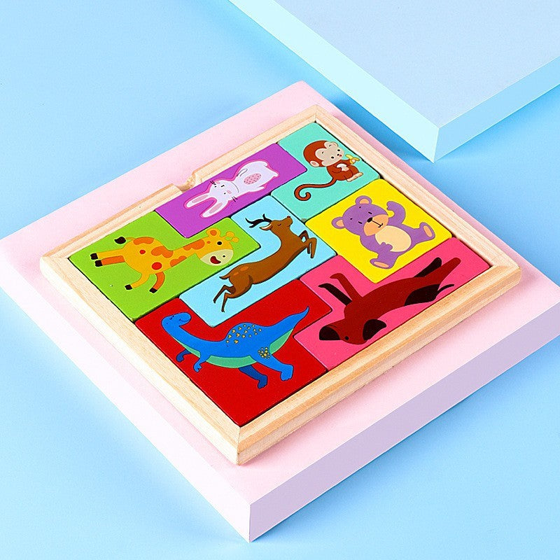 Puzzle din Lemn Tip Tetris pentru Copii, Joc Educativ cu Animale 3D, Dezvoltare Abilitati Cognitive, Lemn Natural, Multicolor, Varsta +4 Ani, 7 Piese