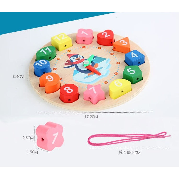 Jucarie Educativa Montessori, Ceas Din Lemn Cu Forme Geometrice Si Snur De Insirat, Model Pinguin, 12 Piese, Multicolor, + 36 Luni, 17.2 cm
