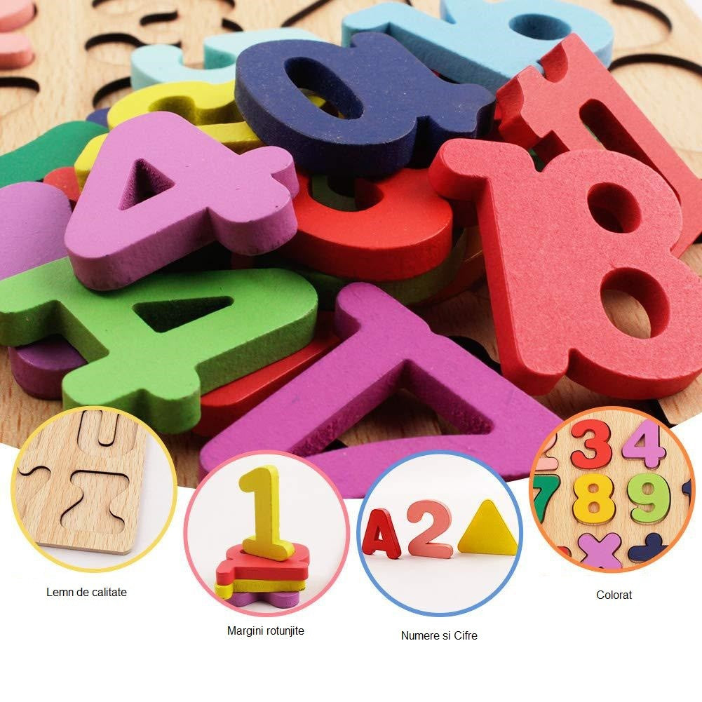 Tabla Montessori Numerica, Puzzle Educativ pentru Invatare Timpurie Cifre, Lemn Natural cu Vopsea pe Baza de Apa, 25 Piese, +18 Luni, 20 x 20 cm, Multicolor
