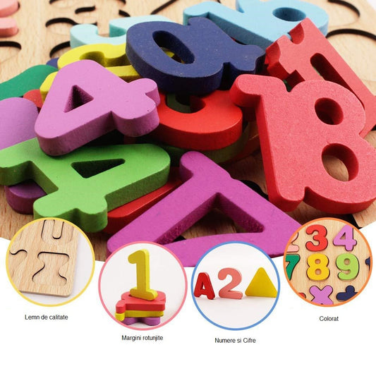 Tabla Montessori Numerica, Puzzle Educativ pentru Invatare Timpurie Cifre, Lemn Natural cu Vopsea pe Baza de Apa, 25 Piese, +18 Luni, 20 x 20 cm, Multicolor