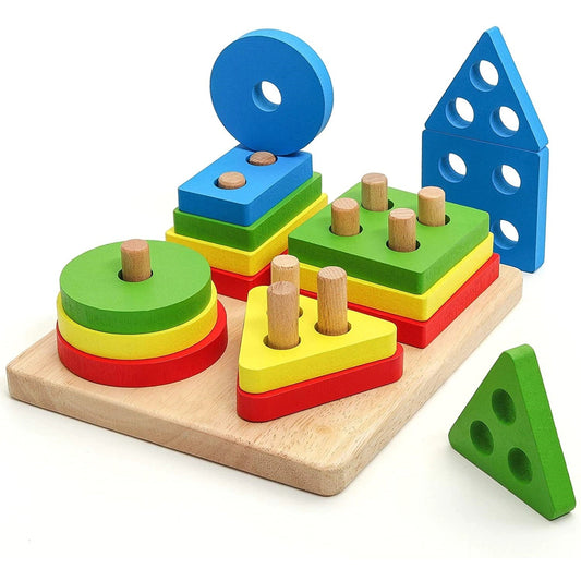 Jucarie Educativa Berbis, Tip Montessori, din Lemn, + 36 Luni, Forme Geometrice, 16 Piese, 12 x 12 cm, Multicolor