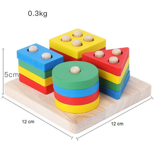 Jucarie Educativa Montessori, Sortator Forme Geometrice pentru Copii, Lemn Masiv si MDF, 16 Piese, 12 x 12 cm, +36 Luni, Multicolor