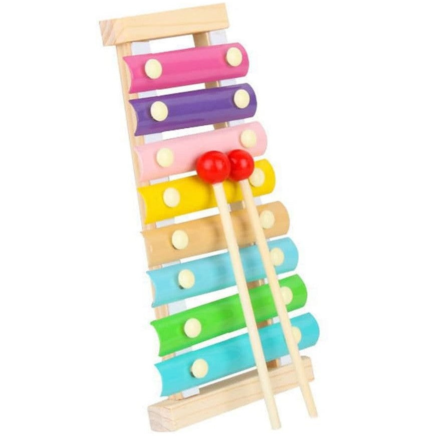Xilofon Jucarie Muzicala, 8 Note Metalice, Instrument Educativ din Lemn, Dezvoltare Abilitati Motorii, Include 2 Bete Percutie, 4-6 Ani, Multicolor Pastel