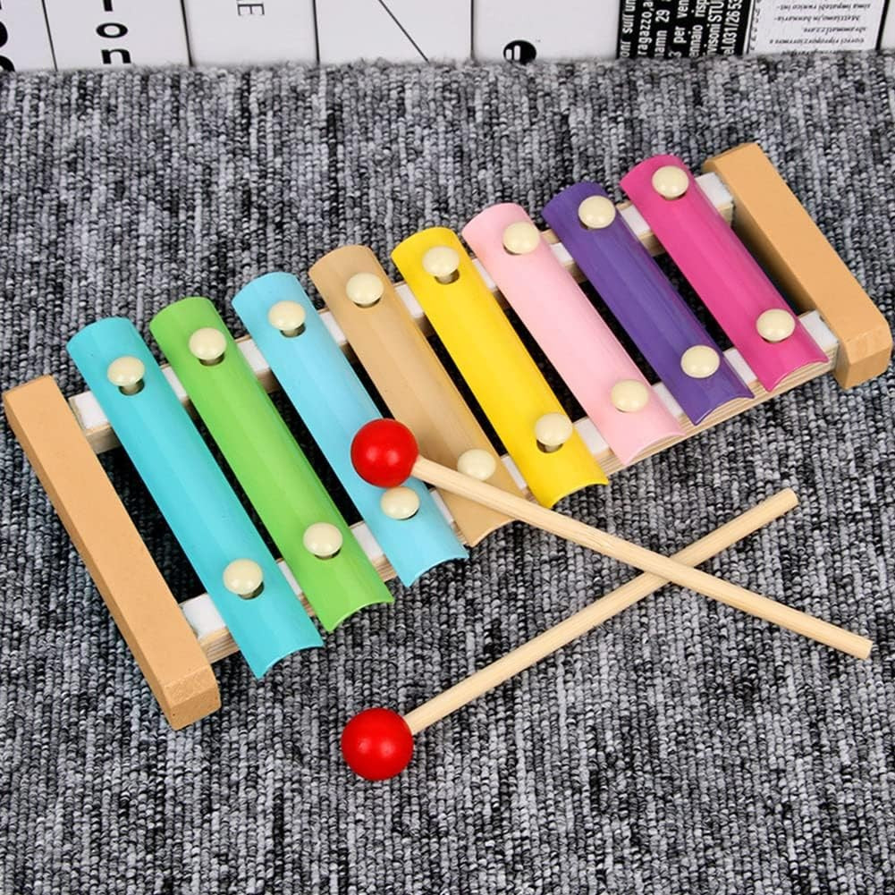 Xilofon Jucarie Muzicala, 8 Note Metalice, Instrument Educativ din Lemn, Dezvoltare Abilitati Motorii, Include 2 Bete Percutie, 4-6 Ani, Multicolor Pastel