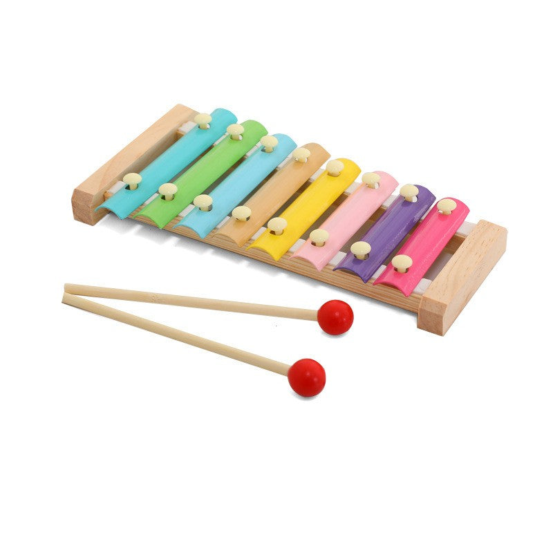 Xilofon Jucarie Muzicala, 8 Note Metalice, Instrument Educativ din Lemn, Dezvoltare Abilitati Motorii, Include 2 Bete Percutie, 4-6 Ani, Multicolor Pastel