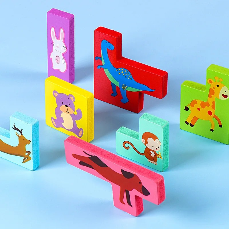 Puzzle din Lemn Tip Tetris pentru Copii, Joc Educativ 3D cu Animale, Dezvoltare Abilitati Cognitive si Motorii, Lemn Natural, 7 Piese, Multicolor, +4 Ani