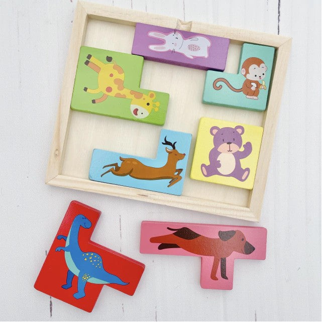 Puzzle din Lemn Tip Tetris pentru Copii, Joc Educativ 3D cu Animale, Dezvoltare Abilitati Cognitive si Motorii, Lemn Natural, 7 Piese, Multicolor, +4 Ani