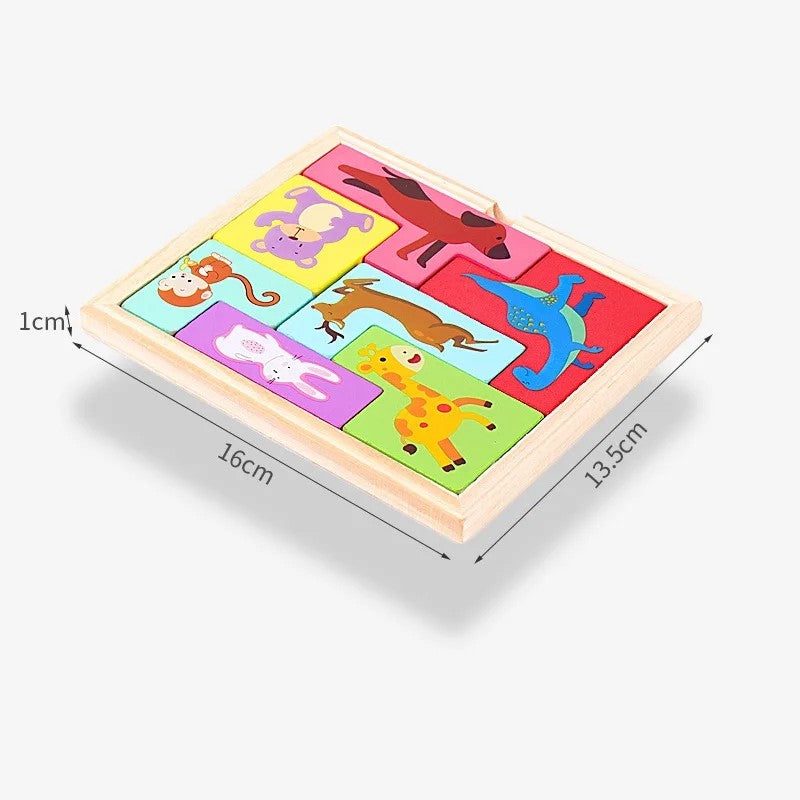 Puzzle din Lemn Tip Tetris pentru Copii, Joc Educativ 3D cu Animale, Dezvoltare Abilitati Cognitive si Motorii, Lemn Natural, 7 Piese, Multicolor, +4 Ani