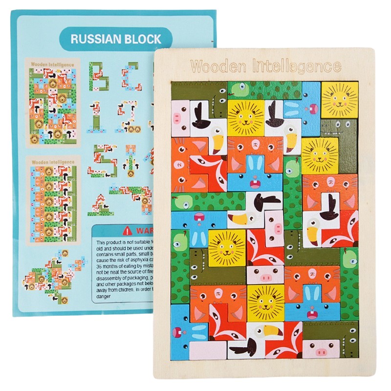 Puzzle Tetris din Lemn, Joc Educativ si Interactiv cu Animale 3D, Dezvoltare Cognitiva si Logica, Lemn Natural, 40 Piese, Multicolor, +4 Ani