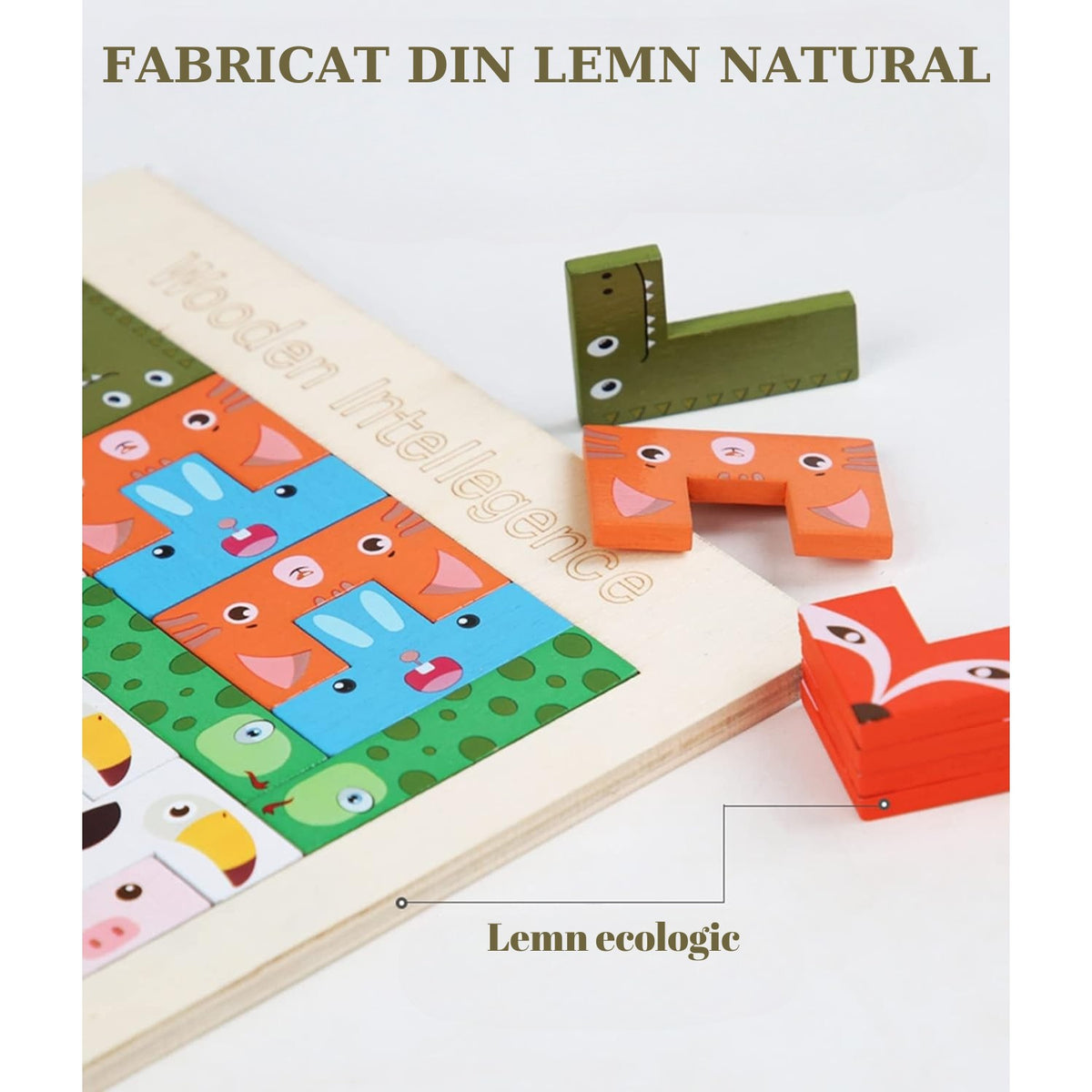 Puzzle Tetris din Lemn, Joc Educativ si Interactiv cu Animale 3D, Dezvoltare Cognitiva si Logica, Lemn Natural, 40 Piese, Multicolor, +4 Ani