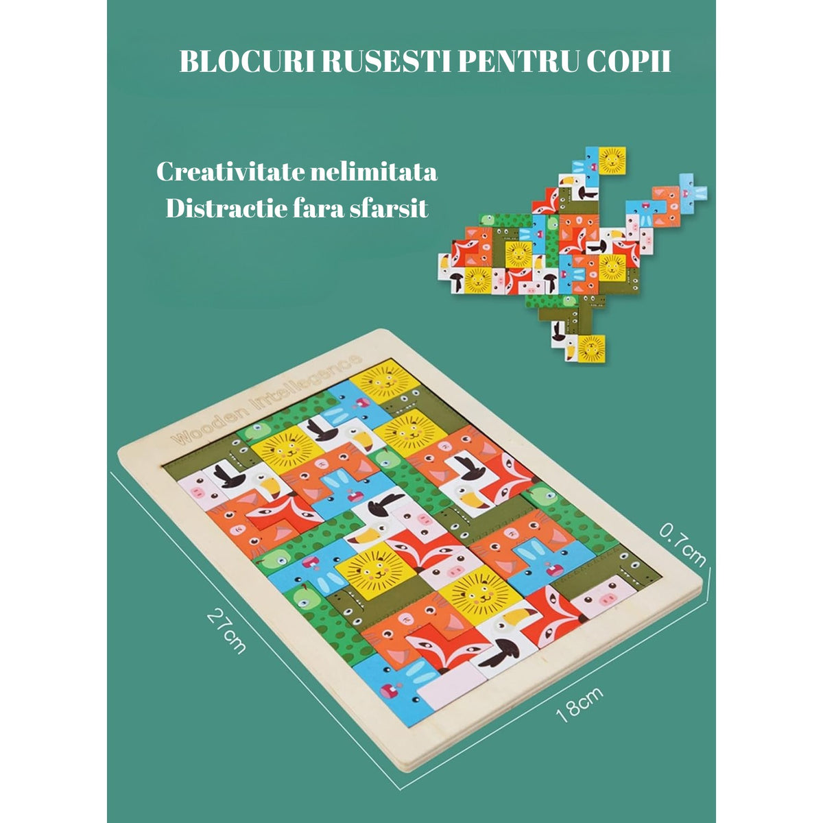 Puzzle Tetris din Lemn, Joc Educativ si Interactiv cu Animale 3D, Dezvoltare Cognitiva si Logica, Lemn Natural, 40 Piese, Multicolor, +4 Ani