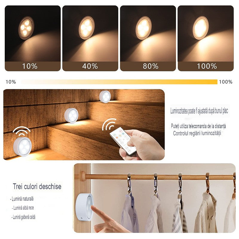 Set de 3 Lampi LED Fara Fir, Iluminare Personalizata cu 3 Culori si Intensitate Reglabila, Telecomanda cu Temporizator, Plastic, Alb