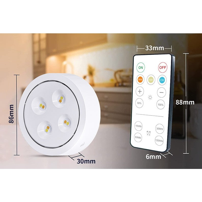Set de 6 Lampi LED Fara Fir cu Telecomanda, Iluminat sub Corpuri Mobile, Temporizator si Intensitate Reglabila, 3 Moduri Lumina, Plastic, Alb, Set 6 Bucati