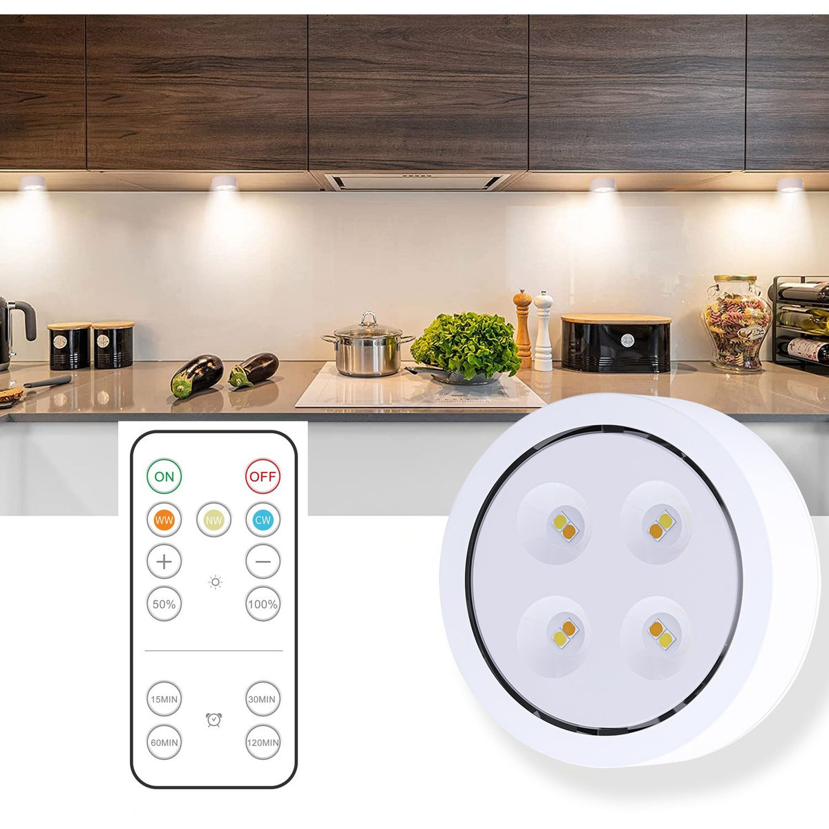 Set de 6 Lampi LED Fara Fir cu Telecomanda, Iluminat sub Corpuri Mobile, Temporizator si Intensitate Reglabila, 3 Moduri Lumina, Plastic, Alb, Set 6 Bucati