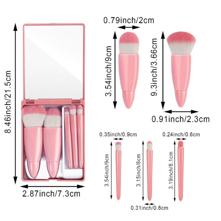 Set 5 Pensule Machiaj Mini, Portabile, Carcasă de Depozitare cu Oglindă, Peri Sintetici Moi, Roz, 12x7x2.5 cm