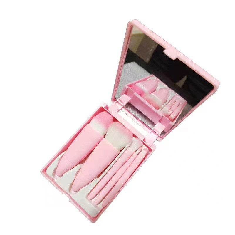 Set 5 Pensule Machiaj Mini, Portabile, Carcasă de Depozitare cu Oglindă, Peri Sintetici Moi, Roz, 12x7x2.5 cm