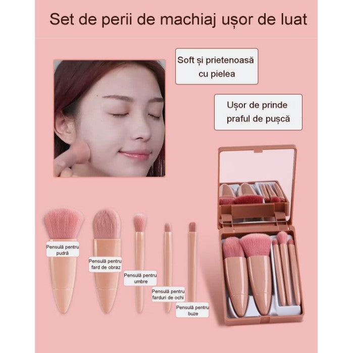 Set 5 Pensule de Machiaj Mini, Portabile, Carcasă cu Oglindă pentru Retuș, Peri Sintetici Moi, Roz Pastel, 12x7x2.5 cm