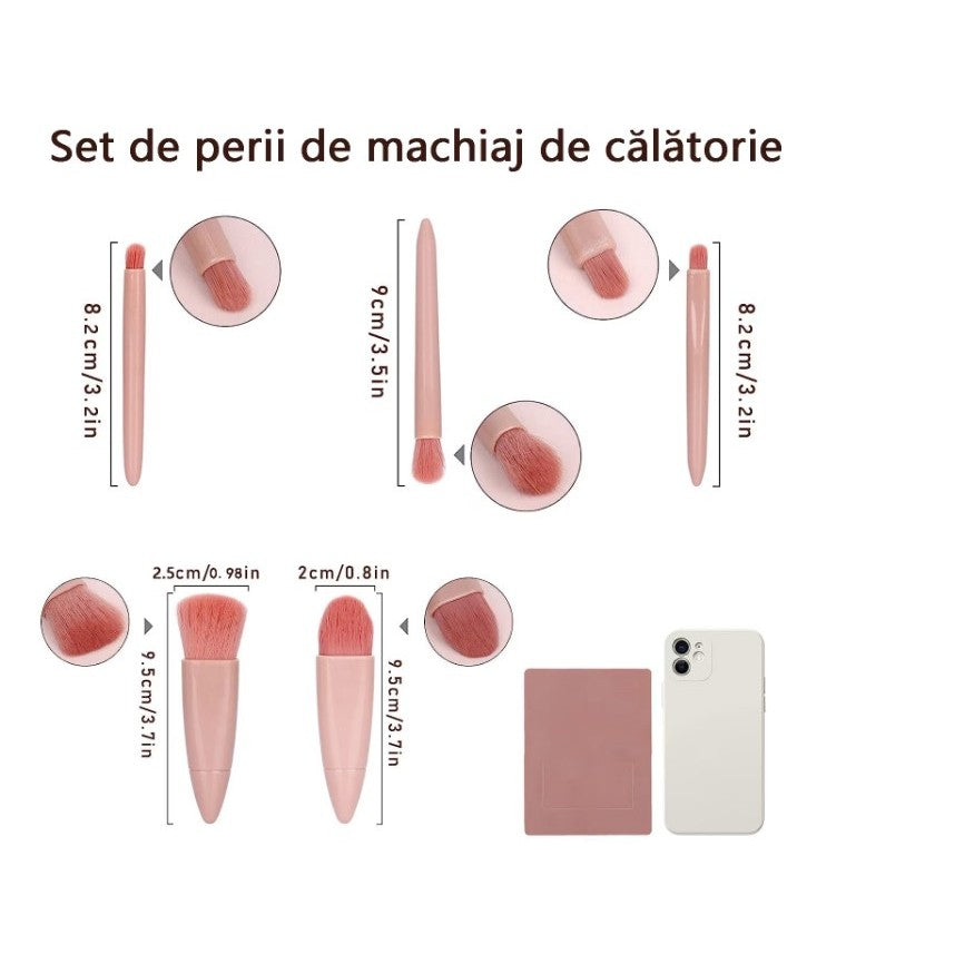 Set 5 Pensule de Machiaj Mini, Portabile, Carcasă cu Oglindă pentru Retuș, Peri Sintetici Moi, Roz Pastel, 12x7x2.5 cm