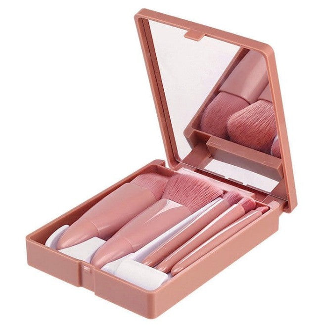 Set 5 Pensule de Machiaj Mini, Portabile, Carcasă cu Oglindă pentru Retuș, Peri Sintetici Moi, Roz Pastel, 12x7x2.5 cm